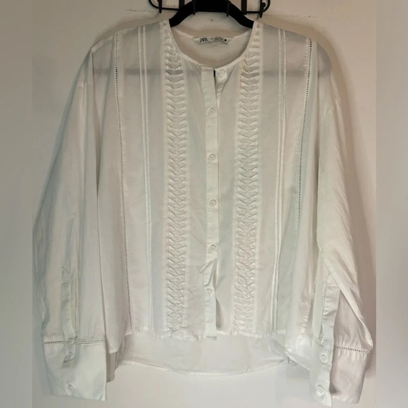 Zara women’s long sleeve tissue cotton woven button down shirt wide cuffs sz Med - Picture 1 of 4